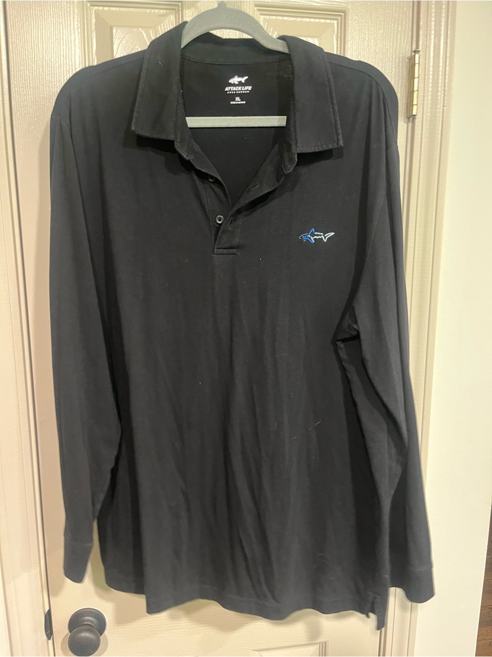 Attack Life by Greg Norman Black Long-Sleeve Polo with Blue Shark Logo